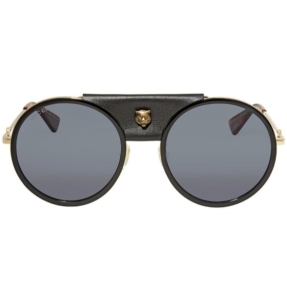 GUCCI SUNGLASSES GG0061S 016 ROUND FRAME AVIATOR LEATHER TIGER HEAD UNISEX - Picture 1 of 10